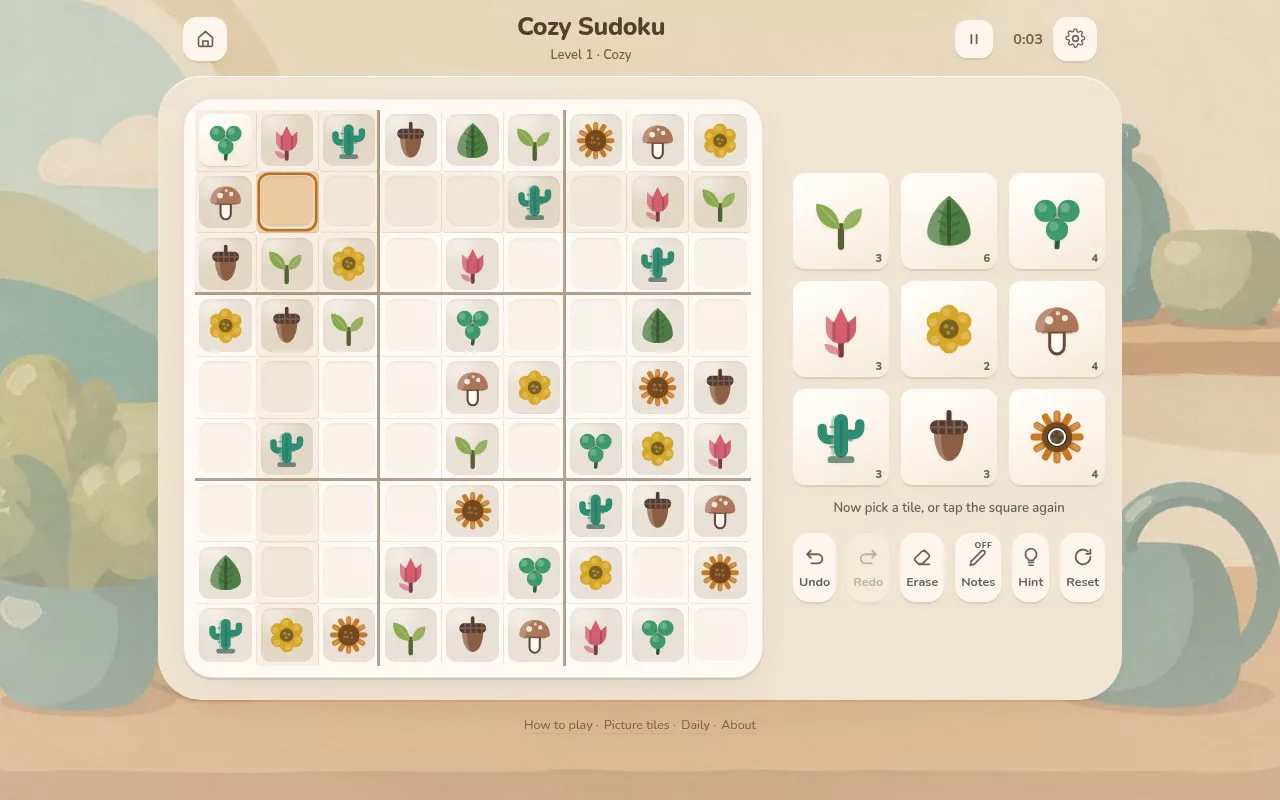 A Cozy Sudoku puzzle with little garden pictures in place of numbers