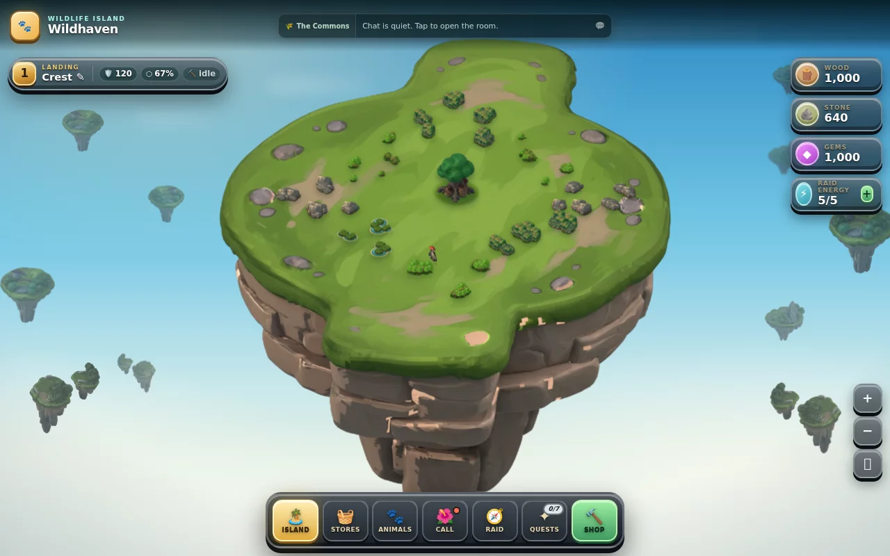 Wildhaven's green floating island, suspended in a blue sky